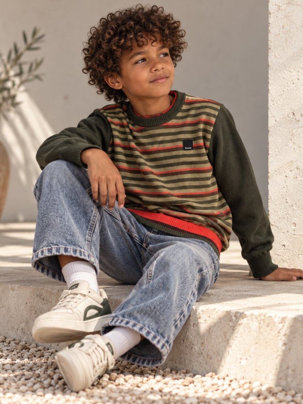 Bench Boys Striped Knit Crewneck Sweater Olive Green Orange 9/10Y